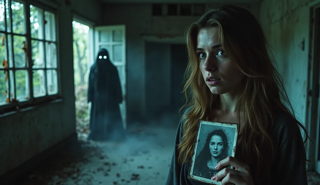 A dimly lit abandoned orphanage with broken windows and overgrown vines. In the foreground, a young woman (the protagonist) looks shocked and terrified, holding an old photograph with a faded image of a . A shadowy figure with glowing eyes lurks in the dar...