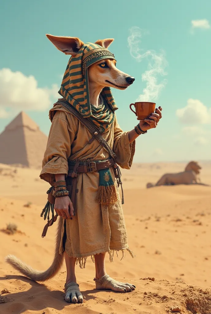 A skinny, disheveled dog, dressed as an ancient Egyptian soldier,, drinking coffee in the Egyptian desert 