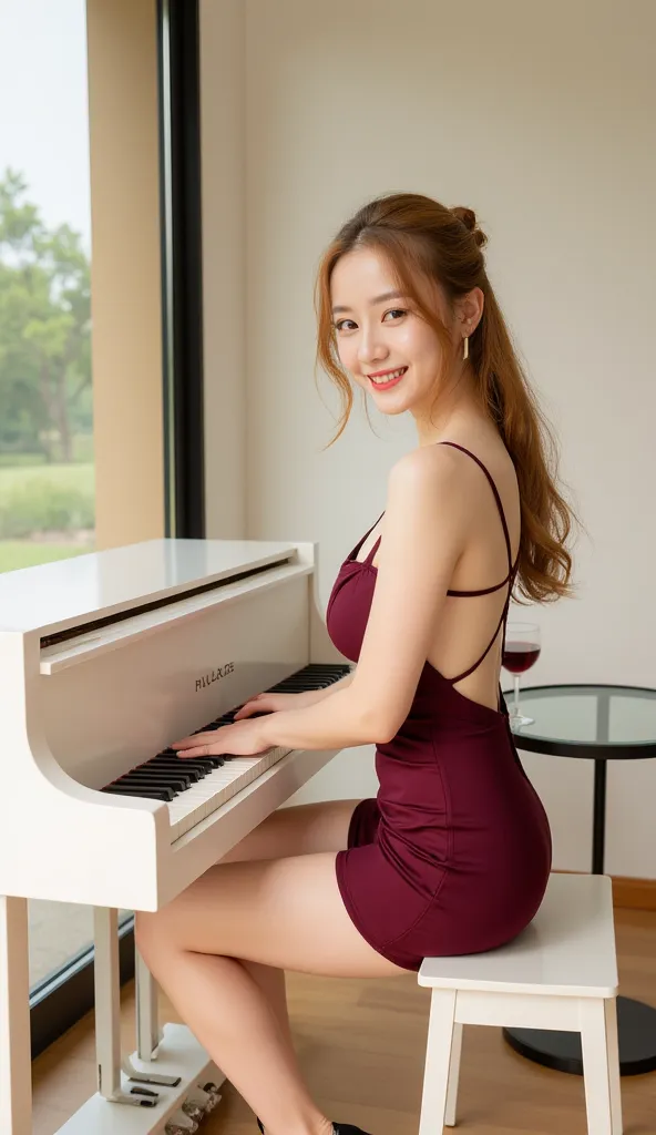  artistic photography ，High Angle，Ultra HD，High image quality。 A 20-year-old Japanese actress smiles and plays a white minimalist piano，long golden hair loose on a plate，wearing a burgundy, shoulderless, tight skirt，Cross chest straps highlight plump curve...