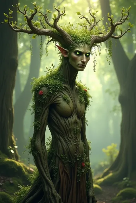 A wise and peaceful ent (tree-like creature) with bark-like skin, glowing green eyes, and a gentle expression. His body is covered in moss, vines, and small flowers, symbolizing his connection to nature. He has a tall, slender figure with branches extendin...