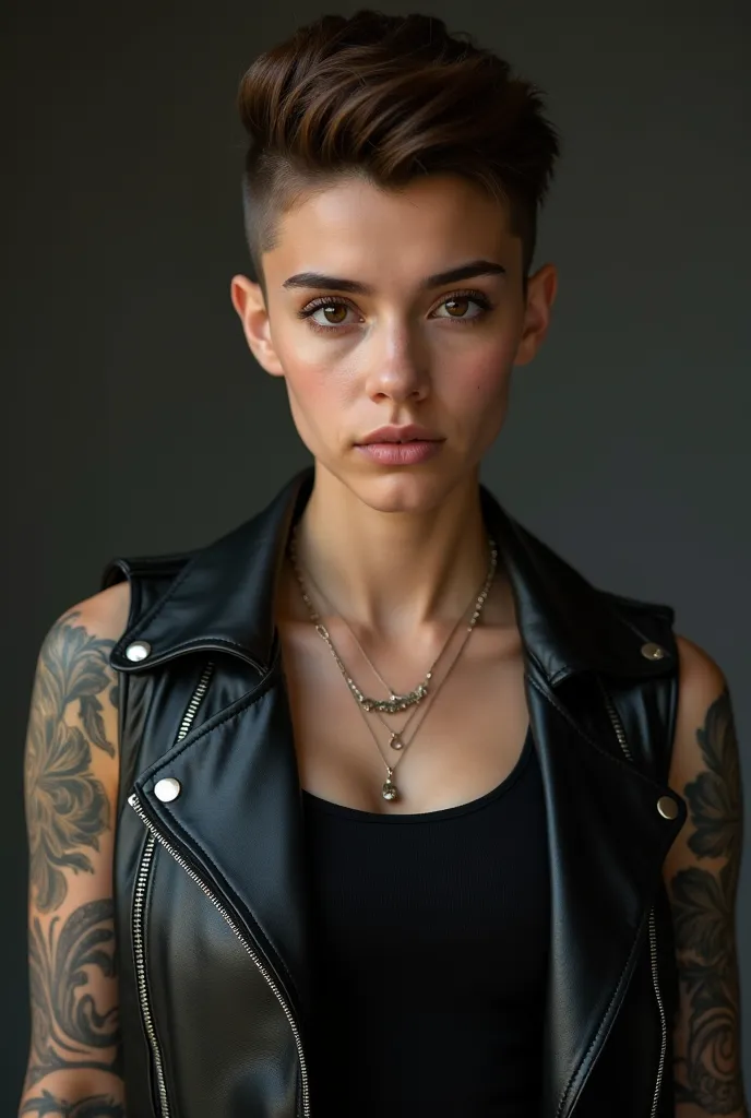 A girl, Iranian, 24, short brown hair (tomboy style, sides shaved), brown eyes, wearing a black leather jacket on a black top, athletic and masculine, masculine face, her arms covered in tattoos, portrait, realistic, hd