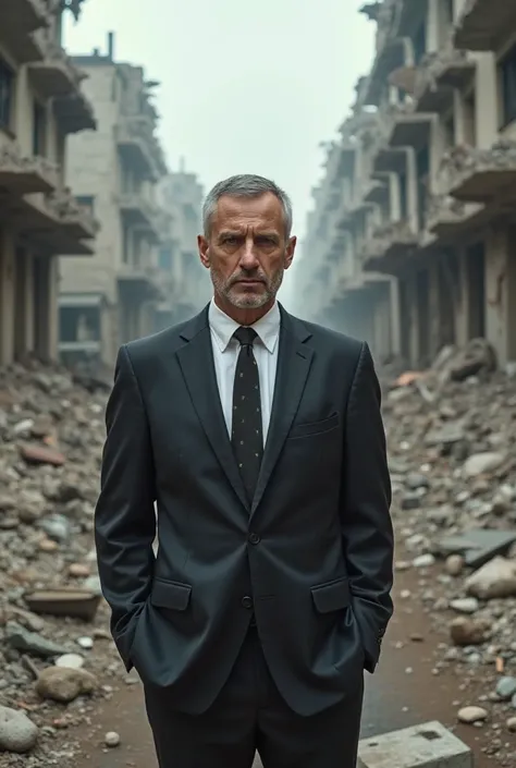 A man in a suit against the background of destroyed cities in Ukraine