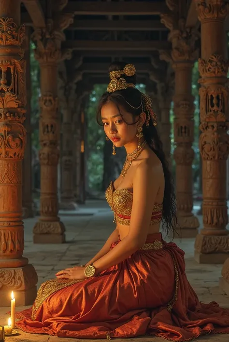 nterior of Lan Xang Kingdom palace, wooden pillars with Naga carvings, Princess Nang Noi in traditional Lao silk sinh skirt, gold hair accessories, kneeling with teardrops, sad expression, dim candlelight, historical painting style.