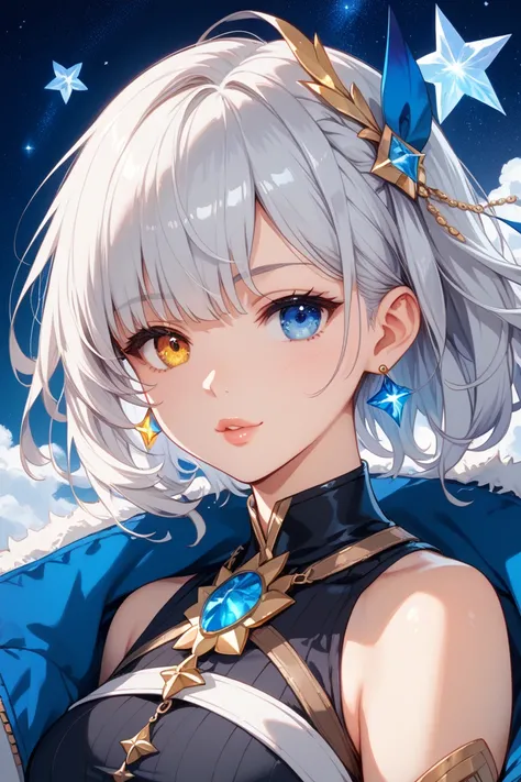 close up of a better masterpiece：1.5)0.9]、(Space and astronauts：1.2) (Disheveled silver hair：1.1) ( Heterochromia and Yellow and Blue Eyes：1.2) (Colored stars in the eyes：1.0) (Shining Light：1.1) (Thick lips：0.9)