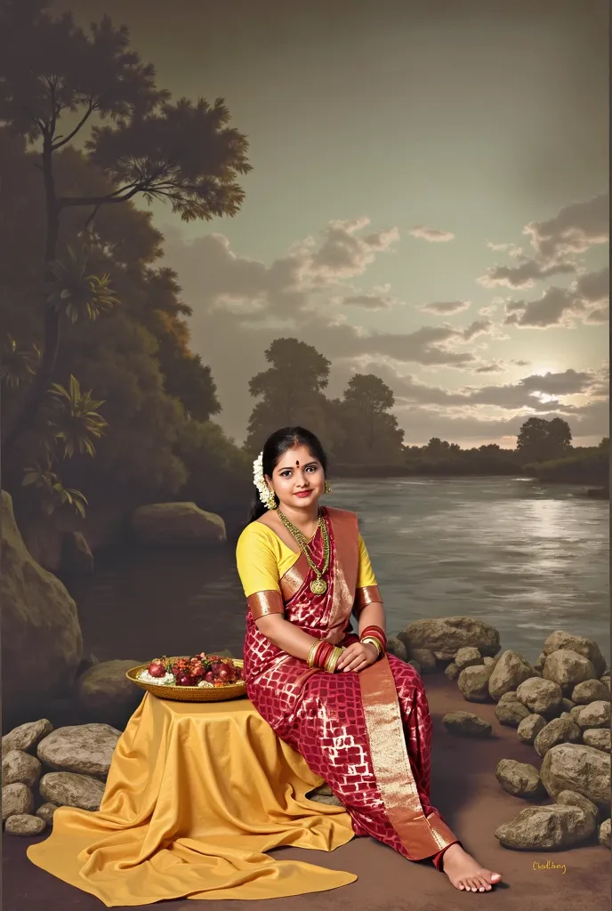 painting of a woman sitting on a rock in a red and yellow dress, inspired by Raja Ravi Varma, inspired by T. K. Padmini, in style of old painting, traditional beauty, traditional oil painting, as a painting, full body portrait painting, in a oil painting s...