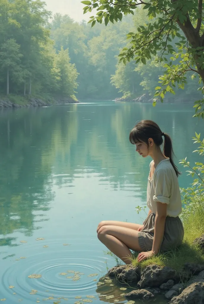 a girl sit on the corner of lake 