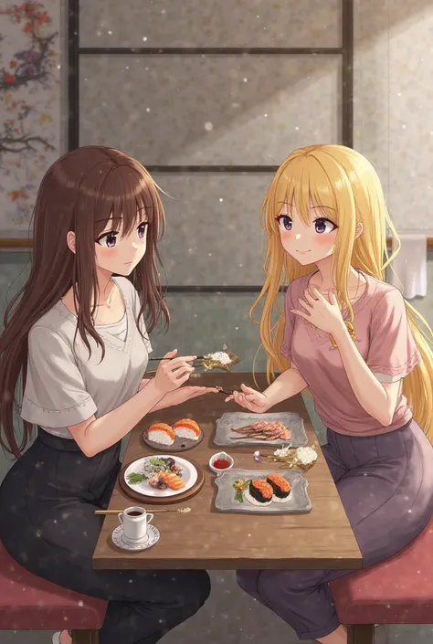 Take me a photo of two women eating sushi, one brown-haired and one blonde 
