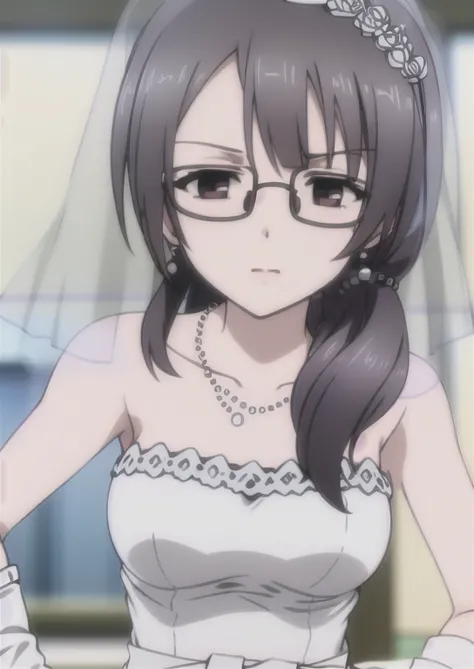 (((Best quality))),((Ultra-detailed)),((illustration)),((Disheveled hair)),((frilld)),(1 girl),(Solo),
Yamada\(Science Fell in Love, So I Tried to Prove It\),
1girl, bare shoulders, black-framed eyewear, breasts, bridal veil, collarbone, curtains, dress, g...