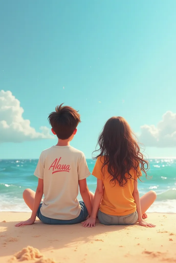 A boy name Ahad printed on her t-shirt back sitting with his girlfriend name Irum printed on her t-shirt back, they're on the beach