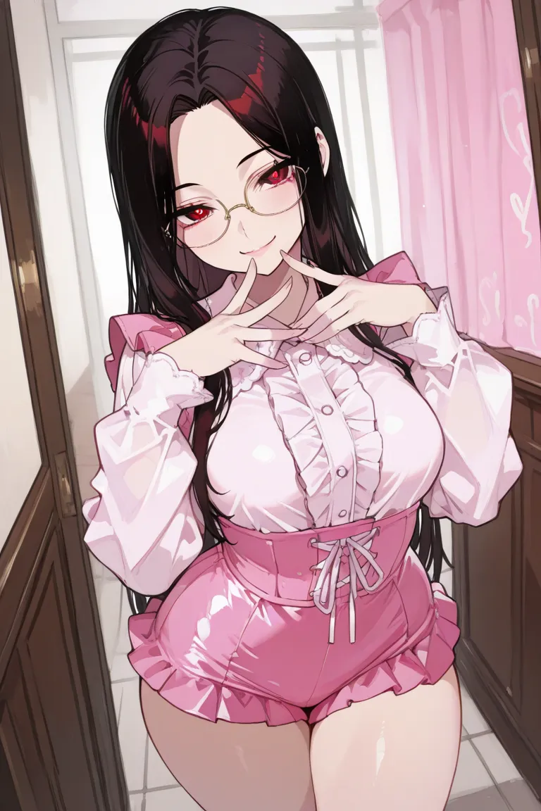 ((best quality)), ((masterpiece)), 1girl, long dark parted hair, cute red eyes, elegant look, glasses, beatiful hands, detailed pupils, detailed eyes, curvy body, medium breast, three quarter view, perspective, big hips, smile, yume kawaii fashion outfit, ...