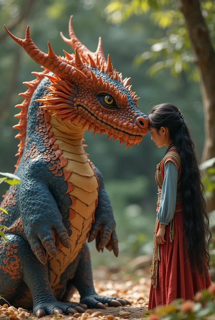 The transformed dragon, now calmer and smaller, bowing its head to "Princess Among" (A Malaysian woman with long black hair is wearing a long tribal-looking dress that is blue on top, has a long-sleeved dress, and a red dress on the bottom)  in gratitude.S...