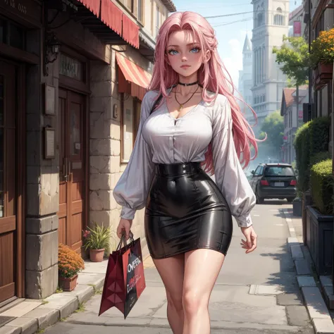 Masterpiece, beautiful art, 8k, art style by sciamano240, very detailed face, detailed hair, detailed clothes, detailed fabric, 1girl, beautiful face, long hair, hot pink hair , model head shot, facing camera, very detailed green eyes, sultry smile, wearin...