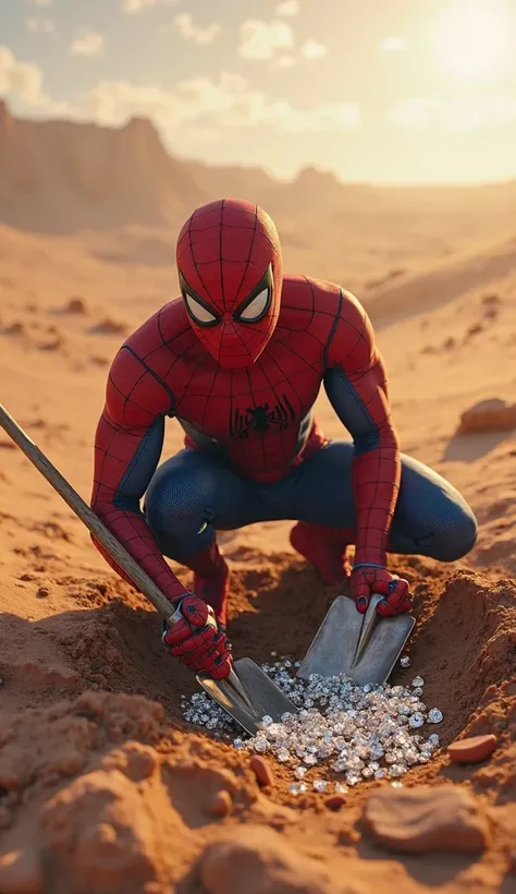 **"In the middle of an empty desert, Spider-Man is digging the ground with a shovel in his hand."**
Spider-Man will sit in an empty desert, holding a shovel in one hand, digging the ground, and diamonds will be seen inside the soil." 