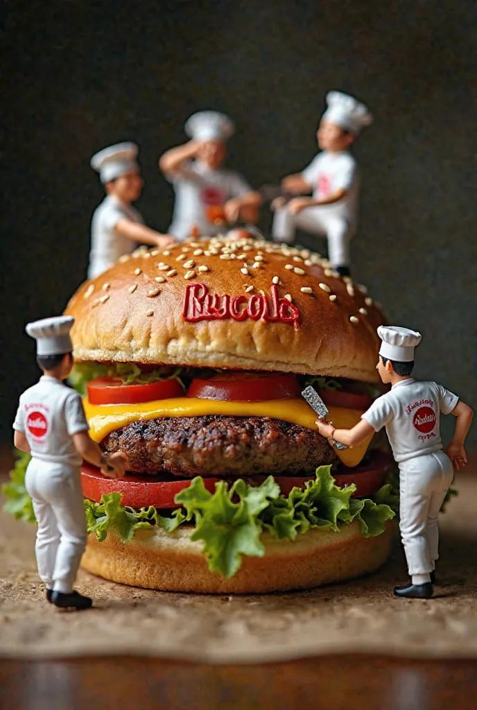 “A surreal and highly detailed image in the style of Marco photography. A massive burger serves as the workspace for miniature people, each actively engaged in preparing and assembling the burger. These tiny workers are dressed in traditional white baker u...