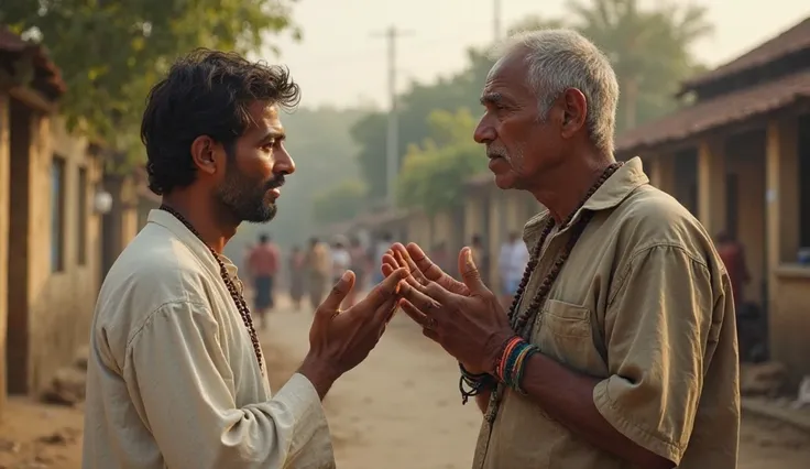 
Two men stand together in a quiet village setting—one is mute, and the other is deaf. The mute man tries to express himself through hand gestures, his eyes filled with emotions, while the deaf man watches him attentively, trying to understand. The mute ma...