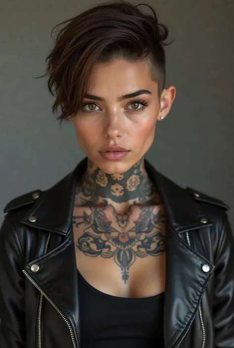 A girl, Iranian, 24, short brown hair (tomboy style, sides shaved), brown eyes, wearing a black leather jacket on a black top, athletic and masculine, masculine face, her neck covered in tattoos, portrait, realistic, hd