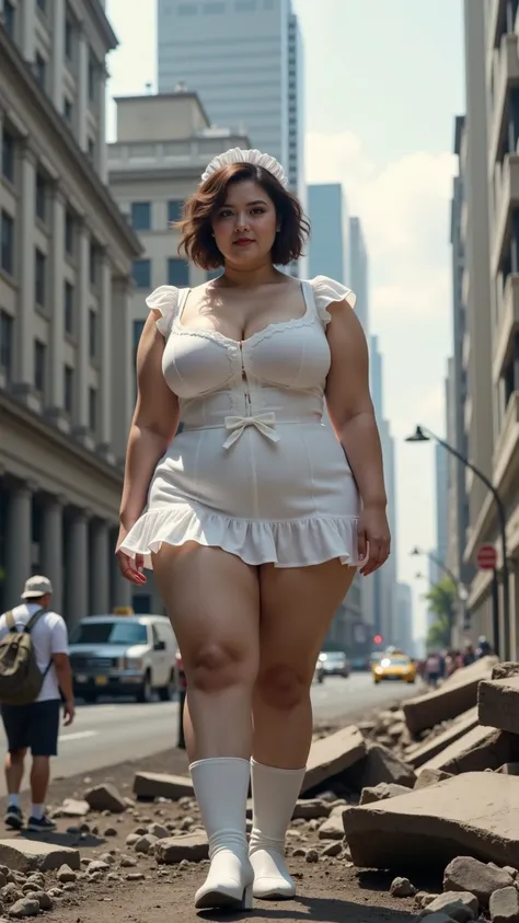  a woman((Huge fat、plump（ Curved Plus Size Body  ，huge boobs，big hips），Short hair is fluffy and slightly curly, looking at the camera、 steampunk 、Standing on top of a ruin、大楼explode、Building Collapse、 City Hustle 、Traffic jams、Rubble City、Street Trees、Cars...