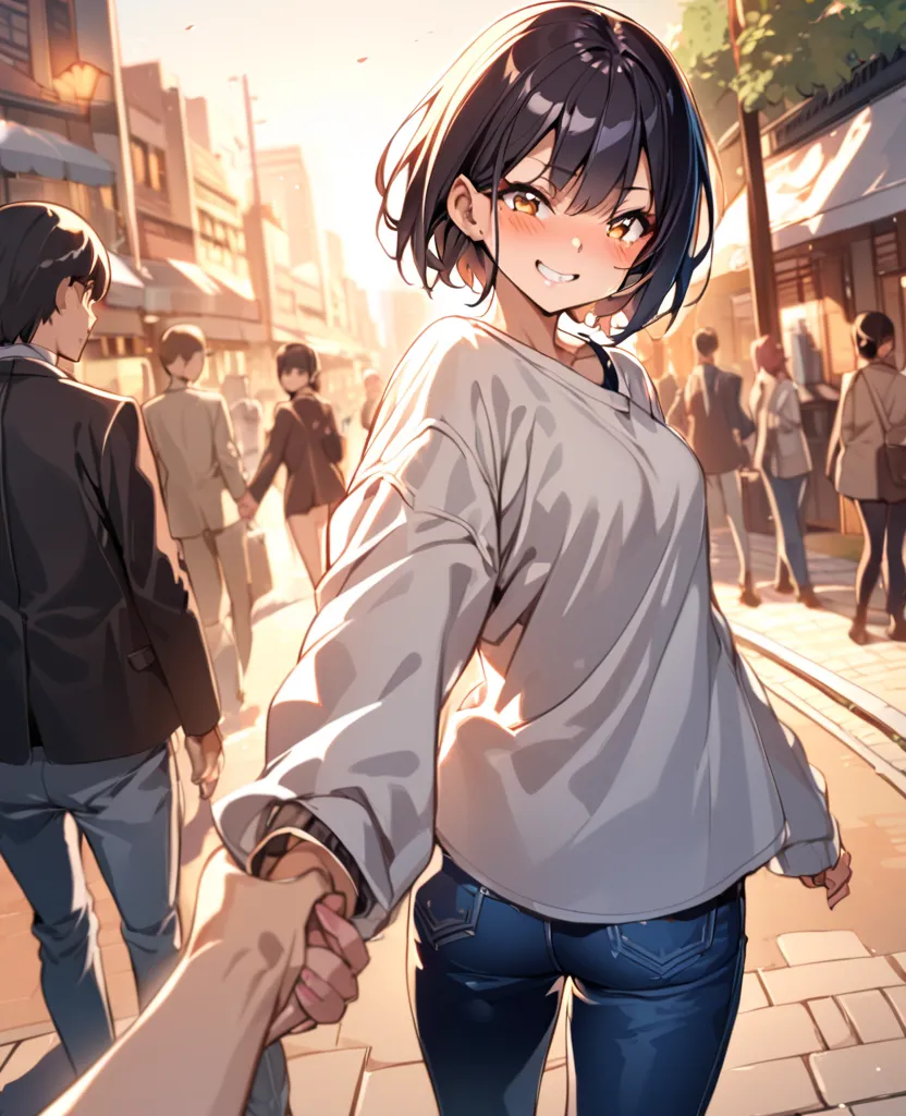 masterpiece, best quality, 1girl, solo, short hair, pixie cut, tomboy, boyish style, POV perspective, first-person view, girl holding viewer's hand, leading the way, looking back with excited smile, blushing cheeks, casual date outfit, oversized shirt with...