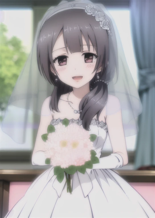 (((Best quality))),((Ultra-detailed)),((illustration)),((Disheveled hair)),((frilld)),(1 girl),(Solo),
Yamada\(Science Fell in Love, So I Tried to Prove It\),
1girl, beads, black hair, blush, bouquet, bridal veil, bride, dress, earrings, eyebrows visible t...