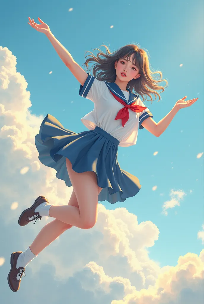  girl in school uniform , hovering in the air, with elegant hand movements, big breasts, wide hips,  soft facial features,  A gentle look , background — sunny sky with light clouds, atmosphere of magic and harmony, Highly detailed, realistic lighting, styl...