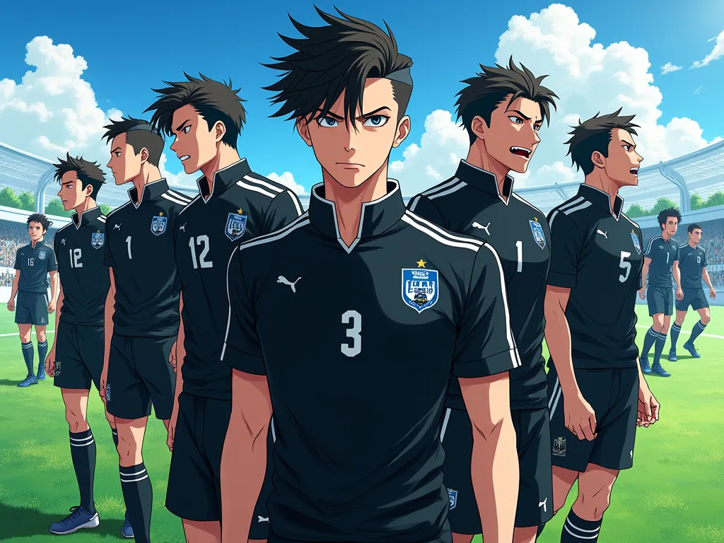 je veux l'equipe team S de l'anime blue lock
de male oc de 18 ans au cheveux stylé 
ont tous le même maillot noir et blanc
avec des aura sombre des sourire sauvage 