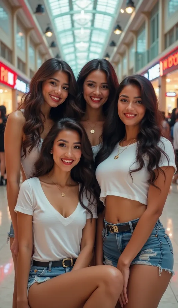 4 beautiful smiling Javanese women with thick long hair with big boobs busty facing the camera 2 under sitting 2 on top standing, wear a white t-shirt and short jeans, background of a crowded mall