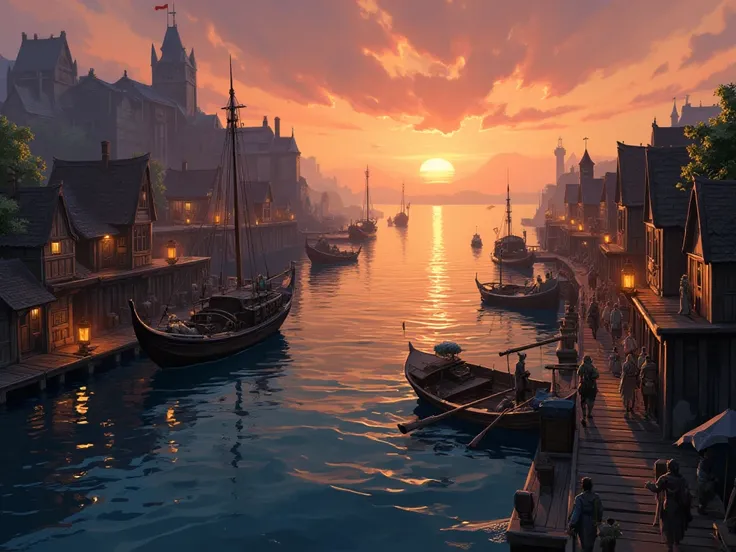 A detailed medieval harbor scene during sunset, with wooden docks extending into the calm sea, surrounded by stone buildings and thatched-roof cottages. Fishing boats of varying sizes are moored at the dock, some with sails rolled up. The sky is filled wit...