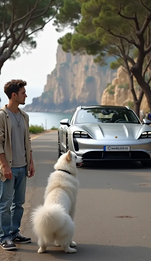 A peaceful outdoor setting with a tree-lined street in a coastal town, capturing a friendly interaction between a person and a white Samoyed. The person, wearing a light jacket over a t-shirt and jeans, stands next to the road as a silver Porsche Taycan ap...