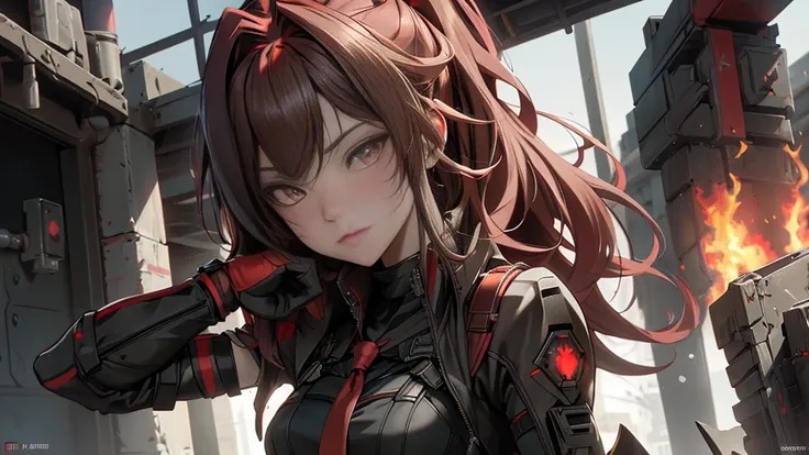 ((Best quality)), ((masterpiece)), (detailed:1.4), 3D, an image of a beautiful cyberpunk female, long burning red hair, burning hair, light brown eyes, red Barret, Black Soldier Shirt, Black under cloth, black panty, Grenade belt, Big chest, Big thigh, Hig...