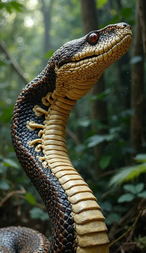 "A close-up view of a giant python's body, with its spine and bones visible. The bones should appear detailed and highlighted, showing the large number of bones (1800) in its body. The background can be a jungle or forest with the snake coiled, emphasizing...