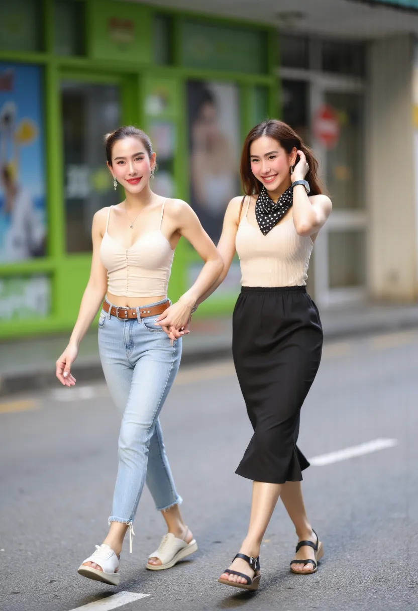 Two young adult women, likely in their late s or early twenties, of Asian ethnicity, are walking and holding hands.  The woman on the left is wearing a light cream or white sleeveless top with a slight ruched detail and light wash, skinny-fit jeans. She ha...