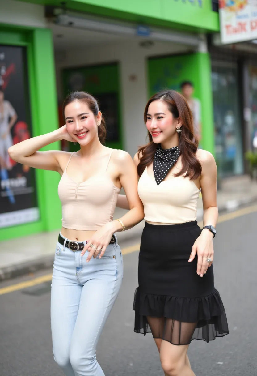 Two young adult women, likely in their late s or early twenties, of Asian ethnicity, are walking and holding hands.  The woman on the left is wearing a light cream or white sleeveless top with a slight ruched detail and light wash, skinny-fit jeans. She ha...