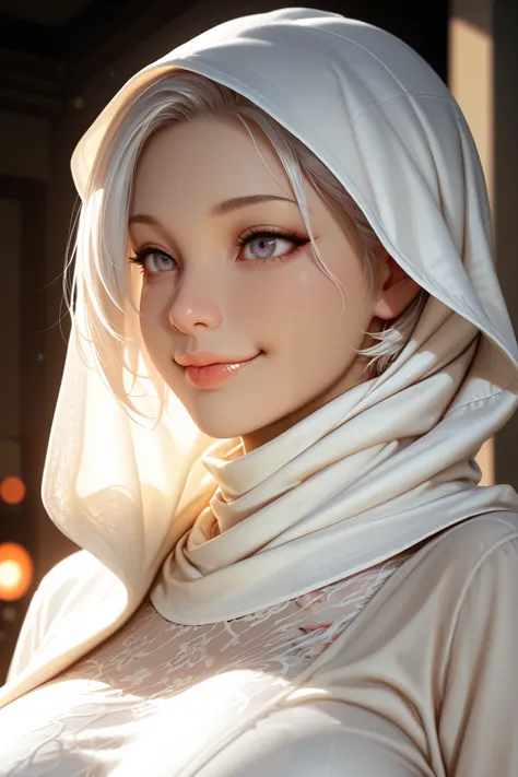 Loose long dress,big boobs, white short hair in hijab, attractive lips, sexual smile, horny eyes,boobs close-up, detailed realistic portrait, photorealistic, masterpiece, 8K, hyper detailed, cinematic lighting, dramatic chiaroscuro, soft studio lighting, s...