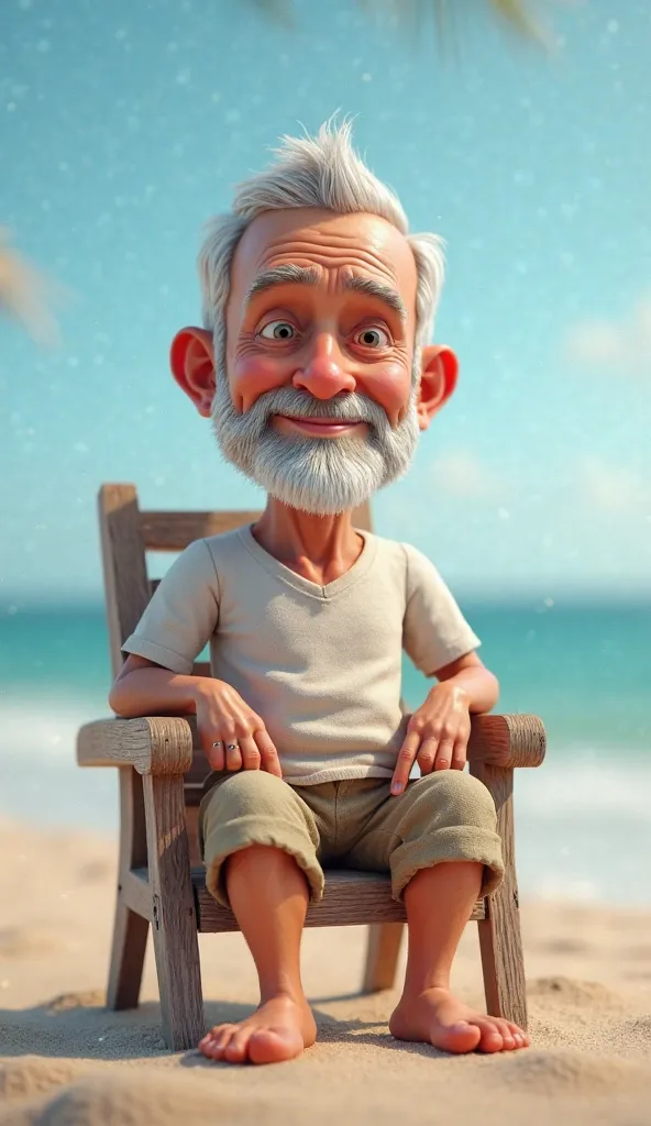 Create 3D caricature characters, old man with a white beard,  short neat hair , neat clothes , was sitting on a chair by the beach,eyes looking towards the camera.very high image resolution, maximum illumination.