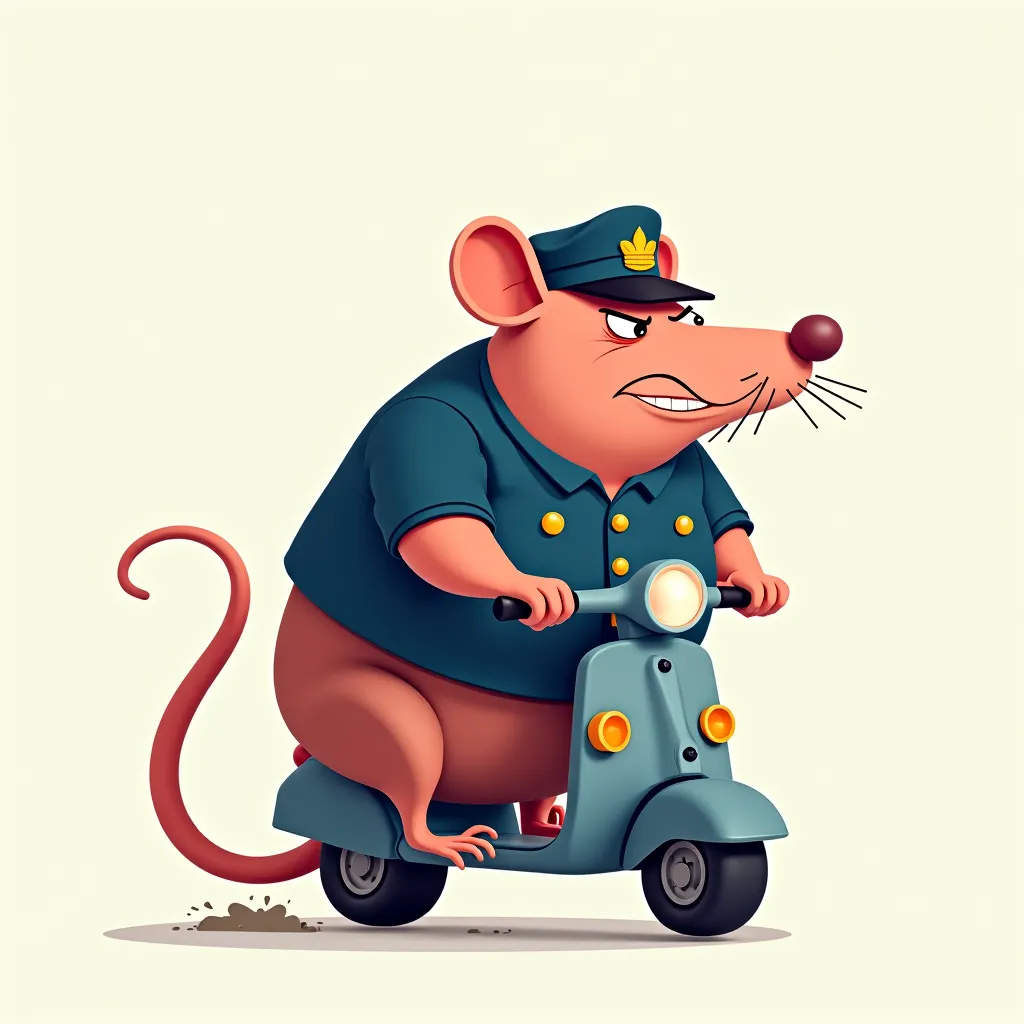 Minimalist cartoon of an angry fat cop rat on a scooter