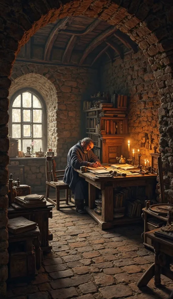 an atmospheric oil painting of johannes gutenberg's dimly lit medieval workshop in mainz, germany (1440), captured from a low angle, showing gutenberg sitting at his desk working, surrounded by books, papers, and early printing equipment, warm candlelight ...