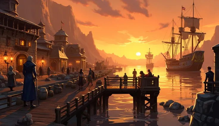 Medieval fantasy pier, sunset, warm gold and orange tones. Wooden piers, old ships with high masts and sails, ropes and barrels on the shore. In the background are stone buildings with tiled roofs, lanterns illuminating the road, and silhouettes of people ...