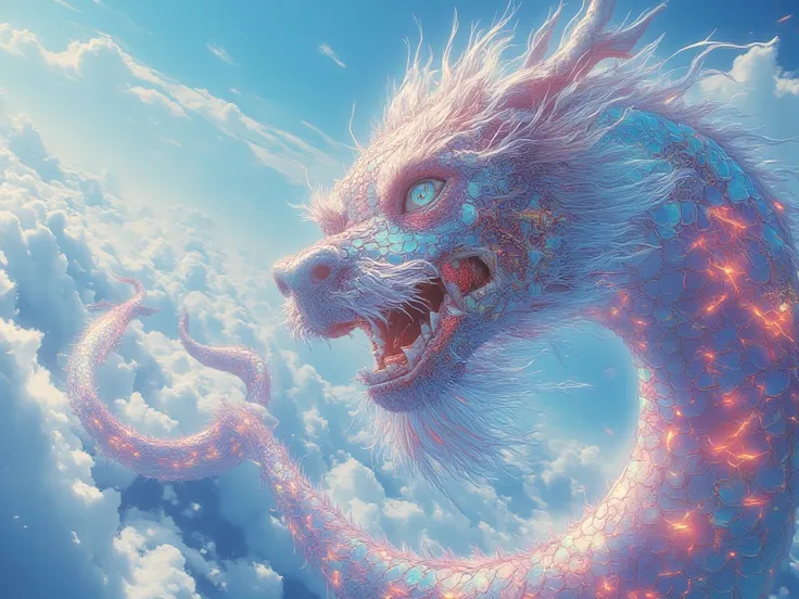 A majestic Chinese dragon soaring through the sky, its radiant, reflective scales shimmering with vibrant colors. Its head is positioned closer to the viewer, creating a dynamic perspective. The dragon's large, curious eye, with a widened pupil, locks onto...