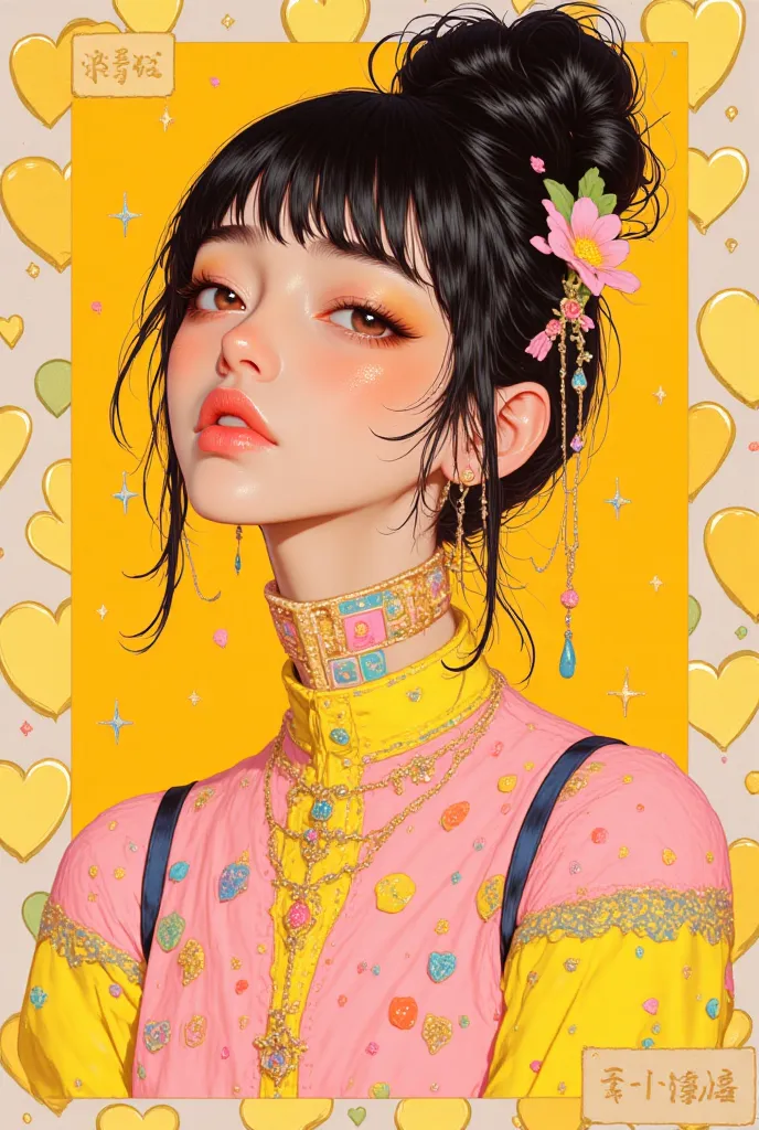 8k, masterpiece, Best Quality, beautiful Korean woman,  Cute Style , Heart pattern background with lots of hearts,   HEART DECORATION  , footprints,  space bun hairstyle, 淡いyellowのヘアクリップ,  bright makeup ,  colorful eyeshadow ,  strawberry icon , coffee cup...