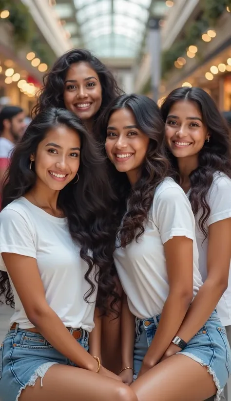 4 beautiful smiling Javanese women very long hair thick busty busty looking at the camera 2 under sitting 2 on top standing, wear a white t-shirt and short jeans, background of a crowded mall