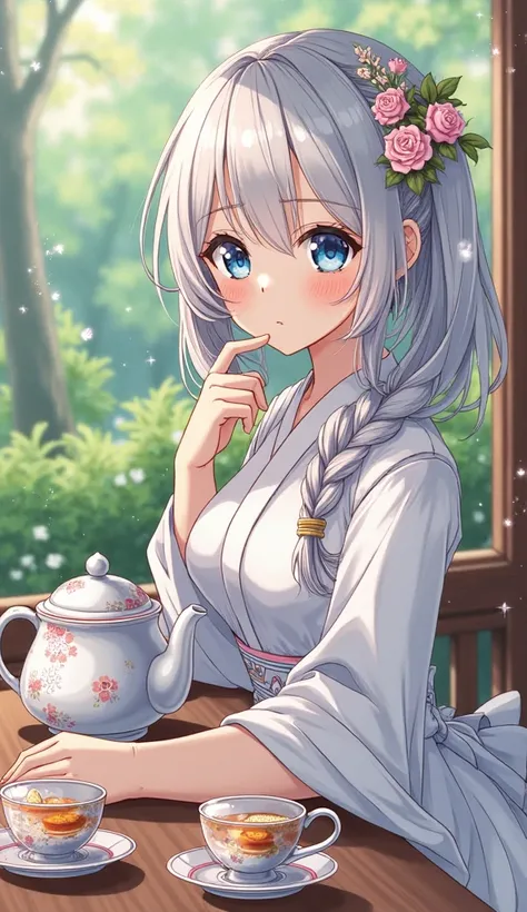 garden in the background
teapot on desk、teacups、Tea confectionary
cool beauty
Hair is platinum
Eyes are clear blue
Elegant afternoon tea
Draw carefully down to your fingertips
Japanese anime illustrations
At the angle of view of the pull