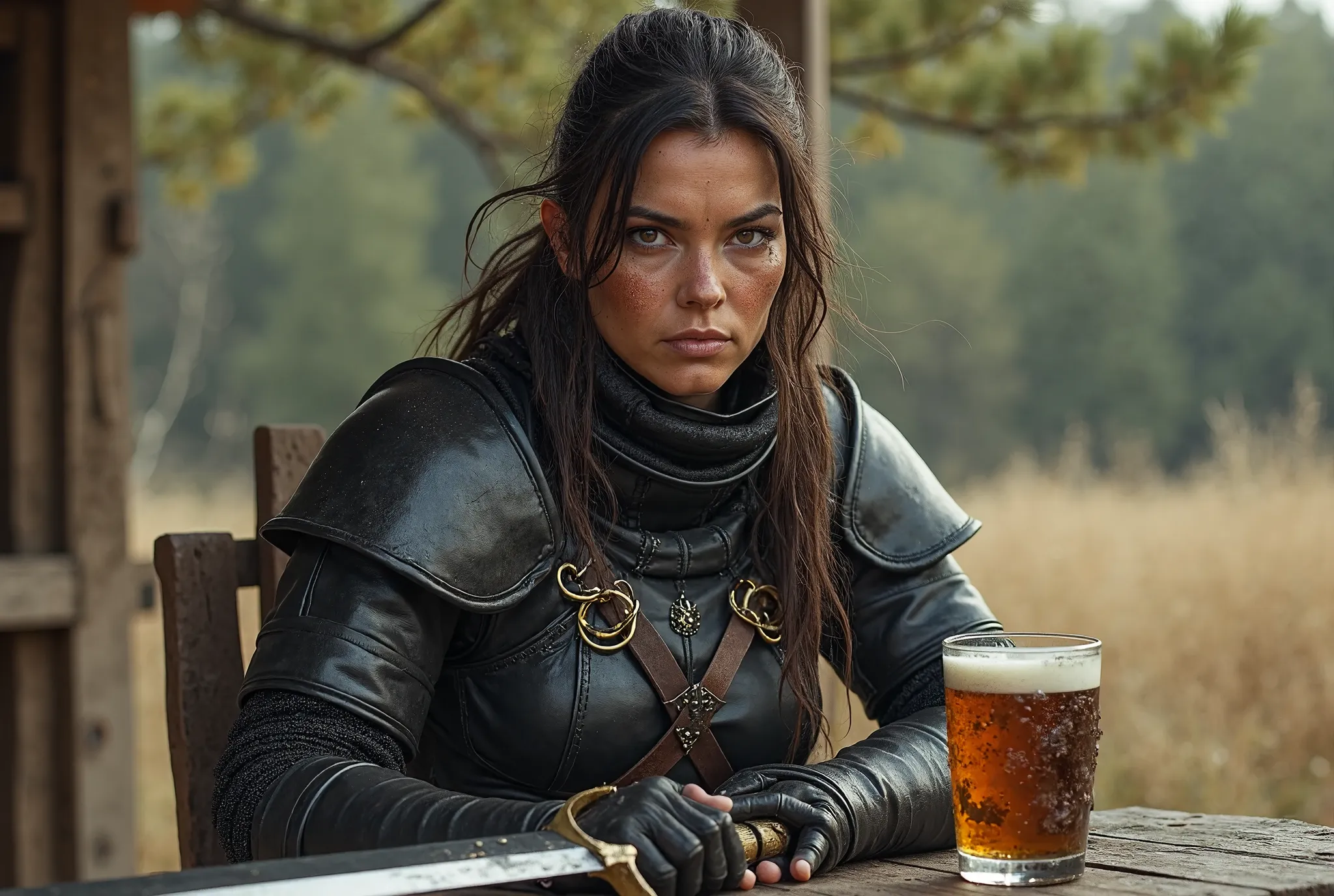 A Very matronly caucasian Woman Warrior In Leather Black Warrior Outfit Sitting at a picnic table, Long Hairs, tanned White Face Skin, brown Eyes, Holding A Sword Weapon In Hand and a pint of beer in the other, High Resolution, Masterpiece, Anatomically Co...