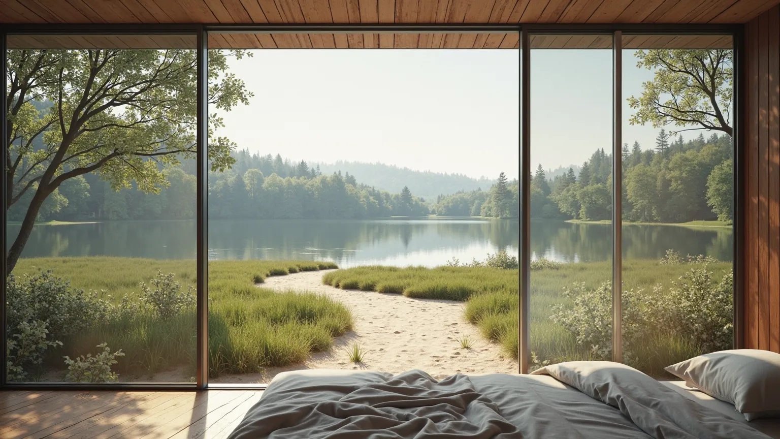 Color photo, photorealistic, Ein See , A modern building with a wide glass façade, Interior view,bedroom, Outside sandy path through a meadow landscape,  in the background forest 