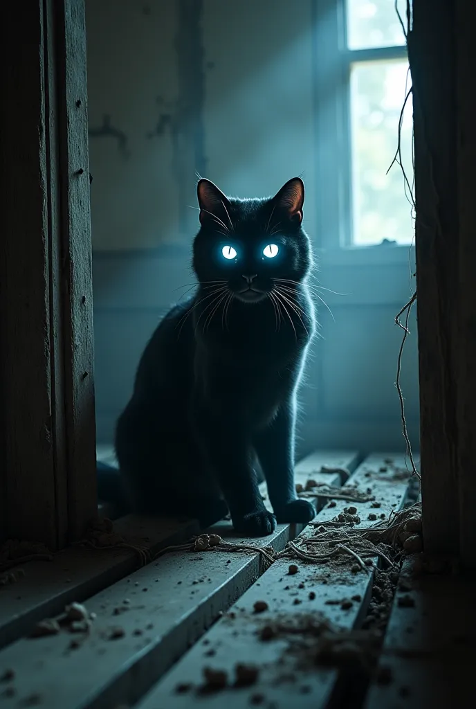 ghostly black cat with glowing white eyes in an abandoned wooden house, eerie atmosphere, horror
