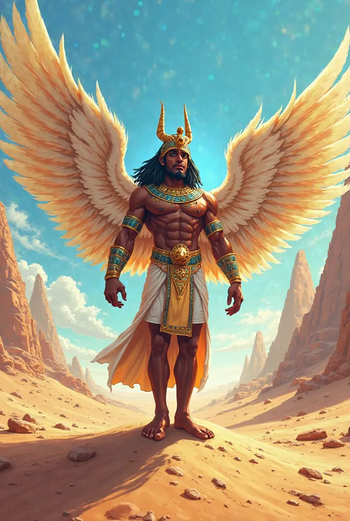 A cartoon of an Egyptian war god with angel wings,  In the Egyptian desert 