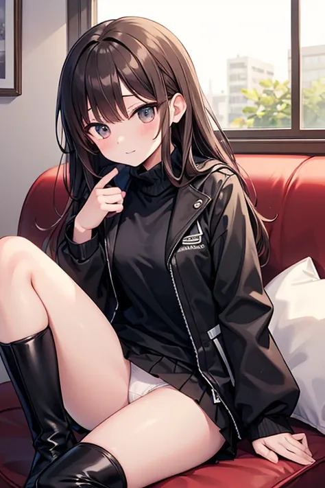  height 155 cm　 black and brown hair　hairstyle is semi-long　BLACK SPRING JACKET　black miniskirt　black long boots　 black long socks 　Cute face　sitting on the couch　opening her legs to seduce　white panties visible
