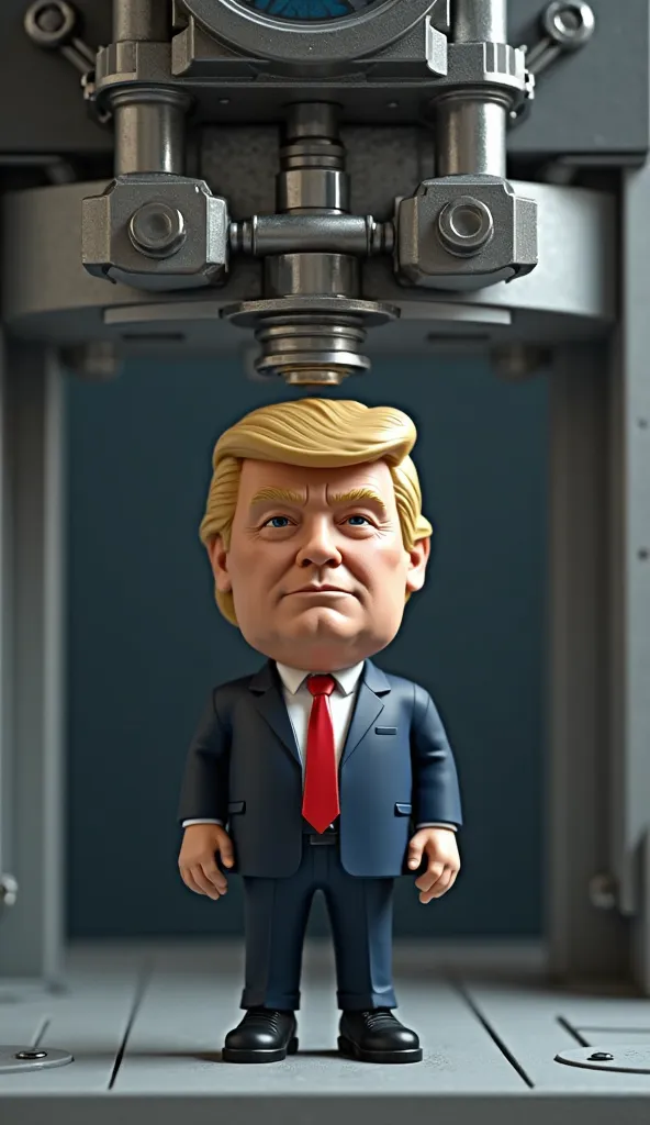 (Ultra realistic), A detailed Donald Trump action figure (or bobblehead) placed under a lastest hydraulic press.