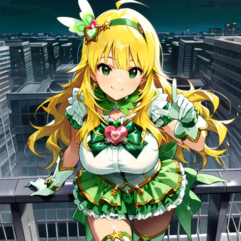 1 girl, Alone, 
Hoshii Miki , long hair, Gold,green eyes,detailed eyes,  
(masterpiece、Best Quality、Super Detail:1.5), one girl, solo、chest, smile,  Broken Lips, looking viewer,so beautiful,anatomically correct, accurate,8k,perfect finger,
 (magical green ...