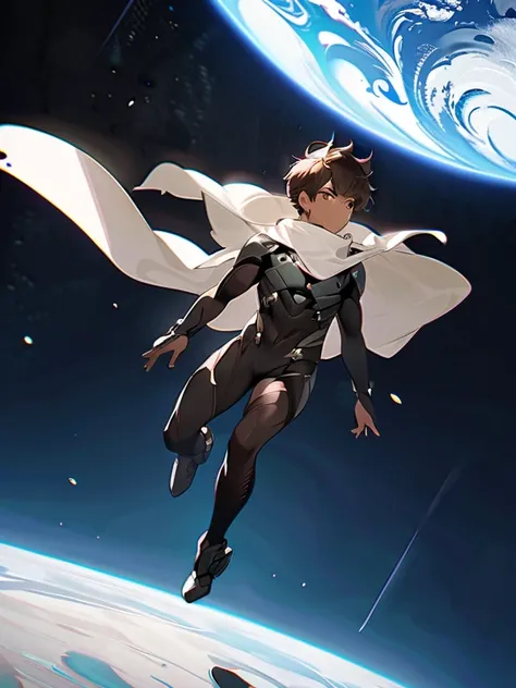 Masterpiece, highres, High quality, Dark skin , male, medium dark brown hair hair, big innocent eye's, wearing a black full body armoured bodysuit, multiple white long  torn scarf's, floating on the moon,  floating, looking at planet earth heroic