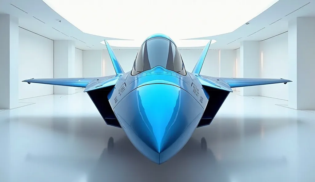 A detailed (front) view of a (F-22 Raptor) jet in a shiny (blue) color, parked in an elegant luxury white showroom.